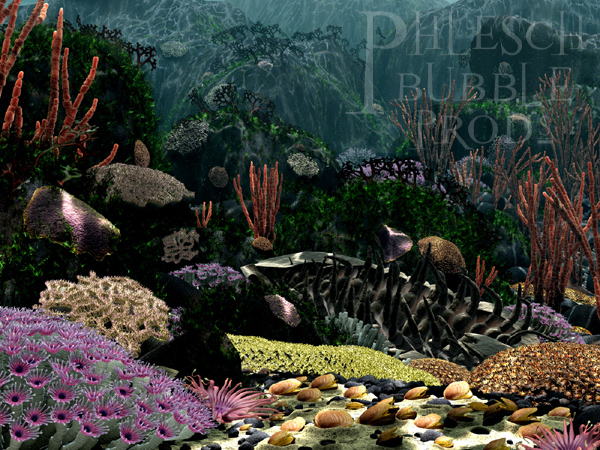 Part of the reconstructed community just in front of the boulder field. Visible organisms include corals, brachiopods (lamp shells), algae, and a dead giant trilobite.