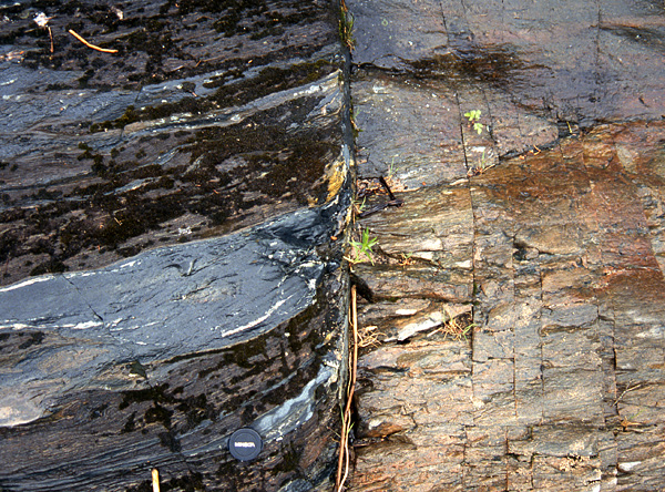 A fault in layered Precambrian rocks near Seymourville