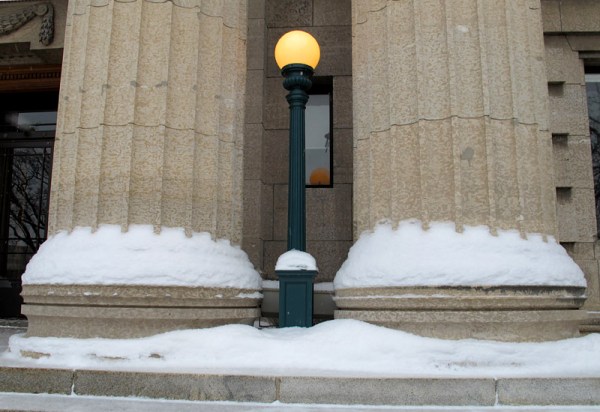 Tyndall Stone pillars on the west porch