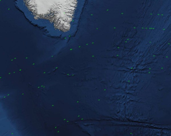 South of Greenland in the middle of the day (these images are all derived from http://flightaware.com/live/)