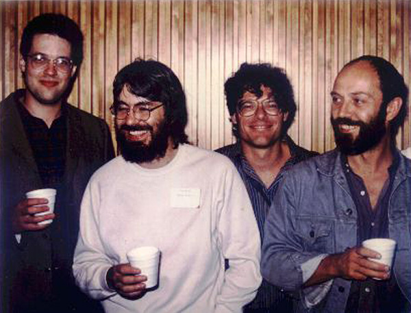 Rolf Ludvigsen with students current and past at the 1986 Albany Canadian Paleontology and Biostratigraphy Seminar. L-R: me, Steve Westrop, Brian Pratt, and Rolf. Our cups undoubtedly hold coffee.